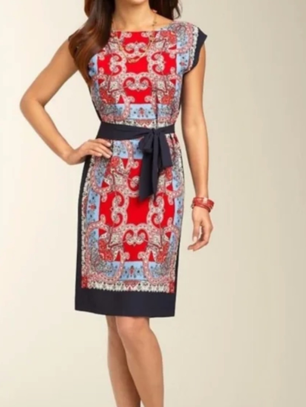 Talbots Cap Sleeve Paisley Blue/Red Shift Dress SZ SP Retro Mod Preppy Americana